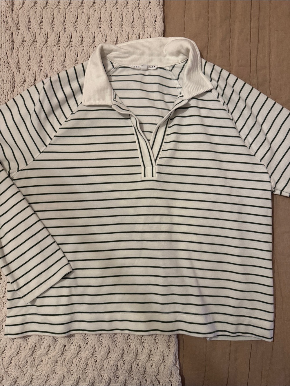 Jane and Delancey Cream Polo Top with Olive Green Stripes